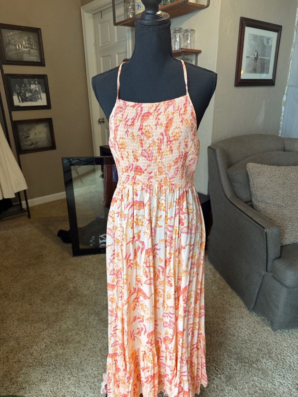 Smocked Halter Maxi Dress in Pink & Orange Floral